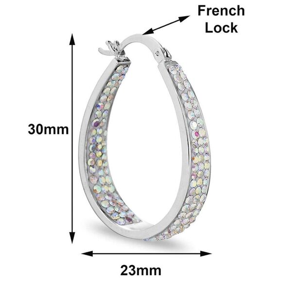 14K White Gold with Aurora Borealis Crystal U Shape French Lock Hoop Earrings - Picture 4 of 5